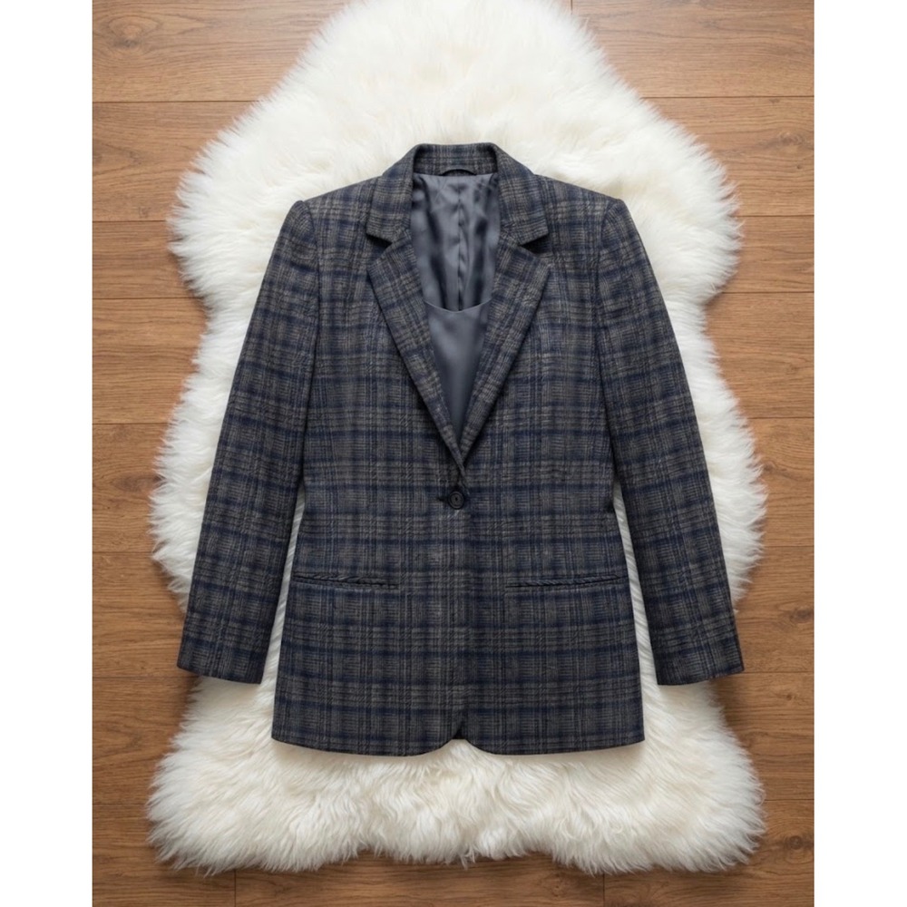 Sag Harbor Womens Grey Plaid Wool Blend Single Button Blazer Jacket Size 8